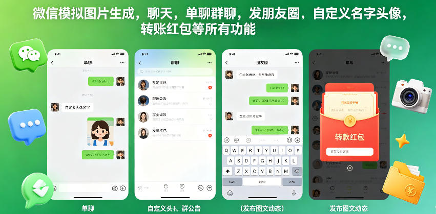 微信模拟图片生成，聊天，单聊群聊，发朋友圈，自定义名字头像，转账红包等所有功能都可以生成-齐力副业