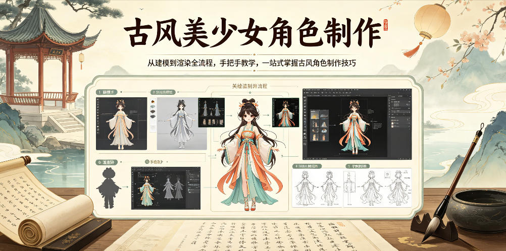 古风美少女角色制作,从建模到渲染全流程,手把手教学,一站式掌握古风角色制作技巧-齐力副业