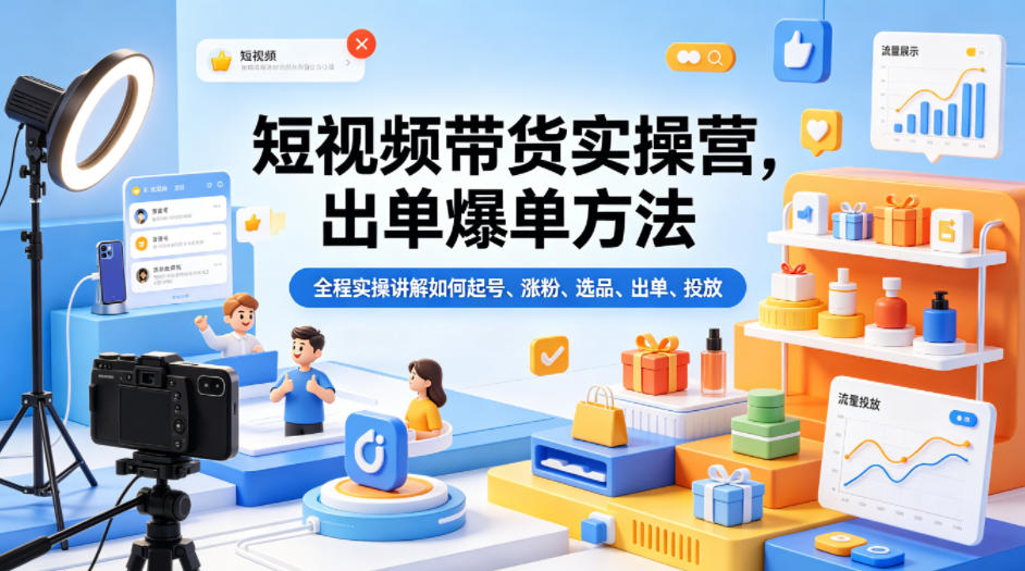 短视频带货实操营，出单爆单方法，全程实操讲解如何起号、涨粉、选品、出单、投放-齐力副业