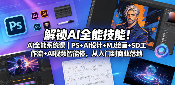 解锁AI全能技能！AI全能系统课｜PS+AI设计+MJ绘画+SD工作流+AI视频智能体，从入门到商业落地-齐力副业