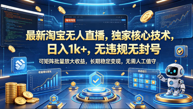 最新淘宝无人直播，独家核心技术，日入1k+，无违规无封号，可矩阵批量放大，长期稳定，无需人工值守【揭秘】-齐力副业