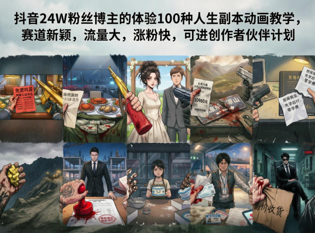 抖音24W粉丝博主的体验100种人生副本动画教学，赛道新颖，流量大，涨粉快，可进创作者伙伴计划-齐力副业