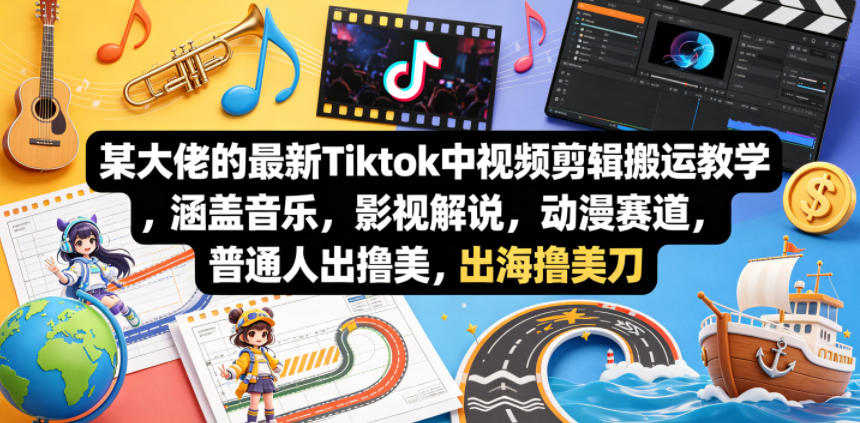 某大佬的最新Tiktok中视频剪辑搬运教学，涵盖音乐，影视解说，动漫赛道，普通人出海撸美刀-齐力副业