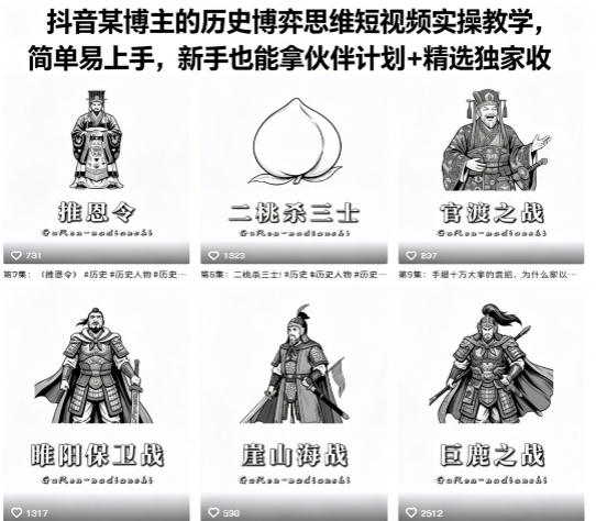 抖音某博主的历史博弈思维短视频实操教学，简单易上手，新手也能拿伙伴计划+精选独家收益-齐力副业