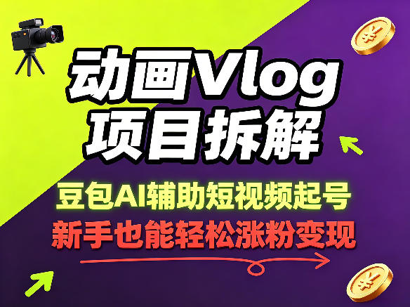 动画Vlog项目拆解，豆包AI辅助短视频起号，新手也能轻松涨粉，43条作品涨粉8.3W-齐力副业