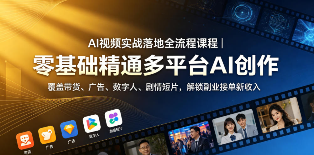 AI视频实战落地全流程课程｜零基础精通多平台AI创作，覆盖带货、广告、数字人、剧情短片，解锁副业接单新收入-齐力副业
