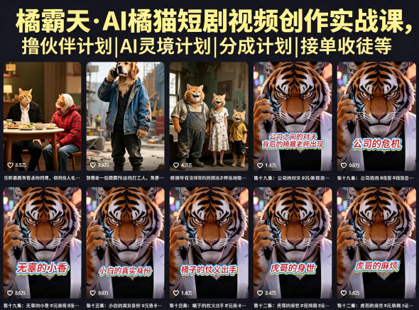 橘霸天·AI橘猫短剧视频创作实战课,撸伙伴计划|AI灵境计划|分成计划|接单收徒等-齐力副业