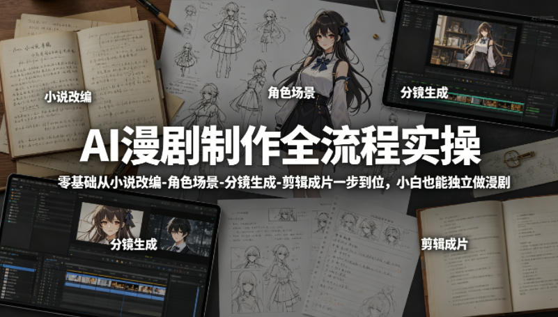 AI漫剧制作全流程实操，零基础从小说改编-角色场景-分镜生成-剪辑成片一步到位，小白也能独立做漫剧-齐力副业