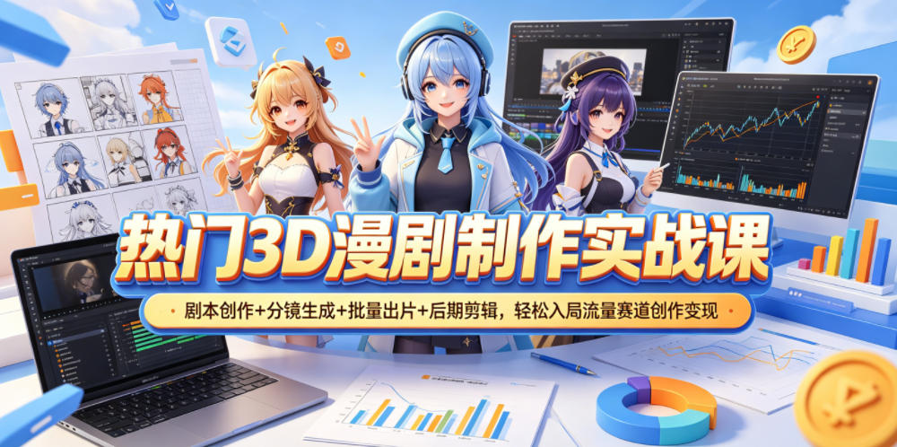 热门3D漫剧制作实战课，剧本创作+分镜生成+批量出片+后期剪辑，轻松入局流量赛道创作变现-齐力副业