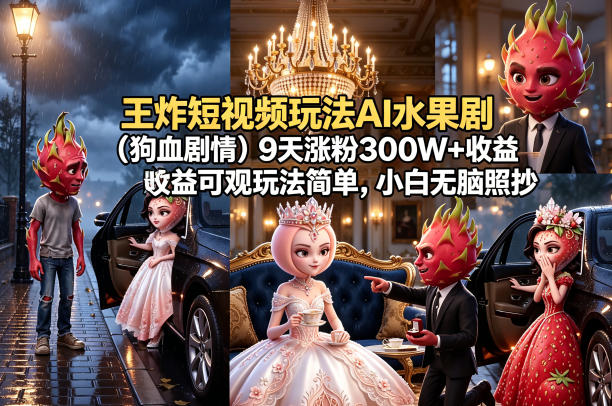 王炸短视频玩法AI水果剧（狗血剧情）9天涨粉300W+收益可观玩法简单，小白无脑照抄，详细拆解玩法-知行副业网