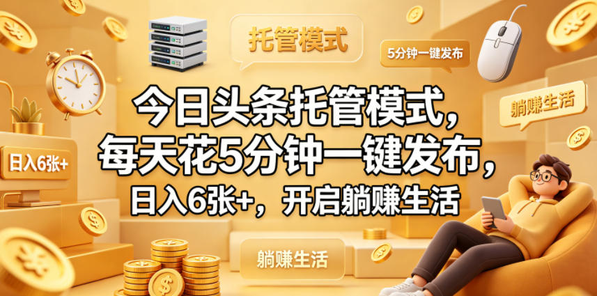 今日头条托管模式，每天花5分钟一键发布，日入6张+，开启躺賺生活【揭秘】-齐力副业