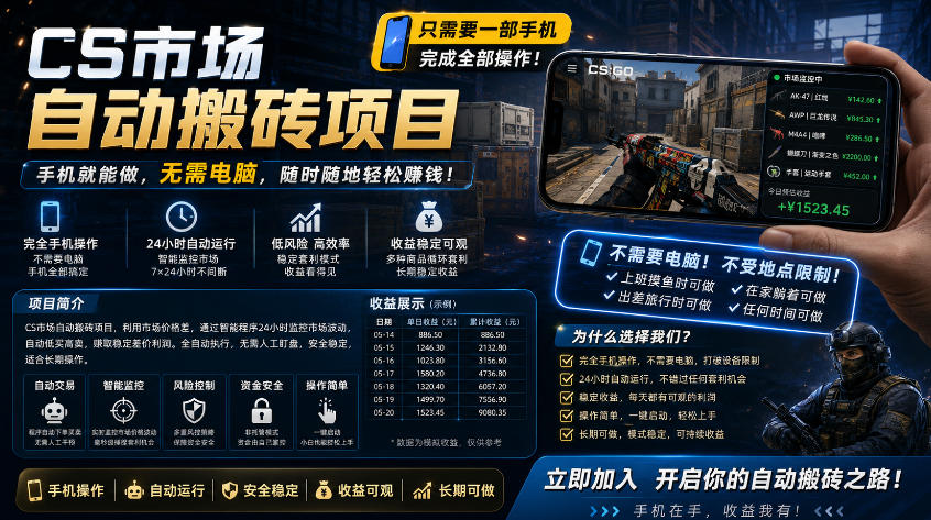 手机即可操作的CS市场自动搬砖系统｜自动监控｜自动下单|日入300+【揭秘】-齐力副业