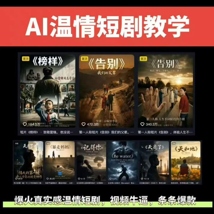 抖音58W粉丝博主的AI温情短剧玩法，条条爆款，伙伴计划+精选独家收益，商单收徒等-齐力副业