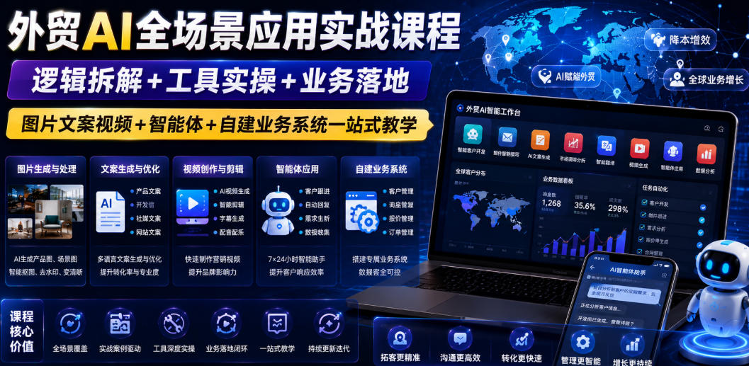 外贸AI全场景应用实战课程｜逻辑拆解+工具实操+业务落地，图片文案视频+智能体+自建业务系统一站式教学-齐力副业