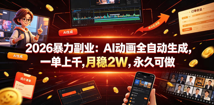 2026暴力副业：AI动画全自动生成，一单上千，月稳2W，永久可做【揭秘】-齐力副业