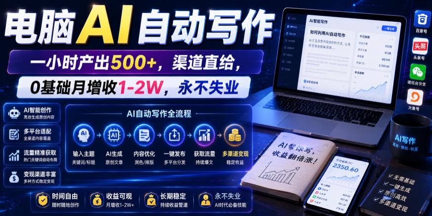 电脑AI自动写作,一小时产出500+,渠道直给,0基础月增收1-2W,永不失业【揭秘】-齐力副业