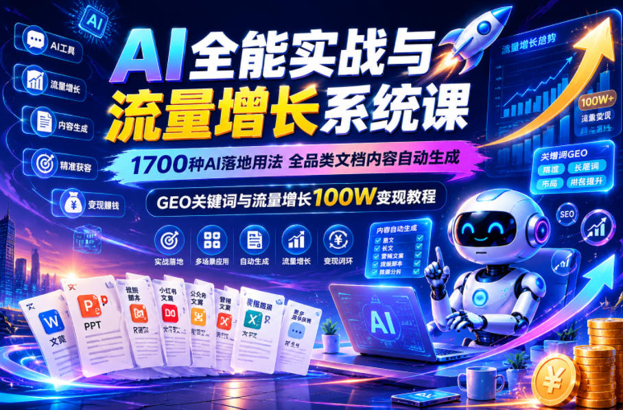 AI全能实战与流量增长系统课,1700种AI落地用法,全品类文档内容自动生成,GEO关键词与流量增长100W变现教程-齐力副业