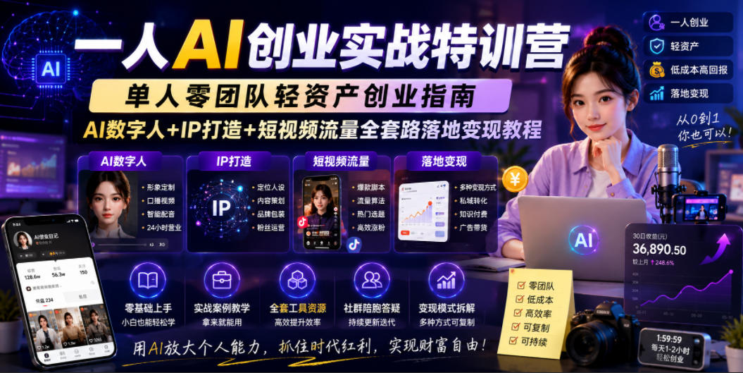 一人AI创业实战特训营,单人零团队轻资产创业指南,AI数字人+IP打造+短视频流量全套路落地变现教程-齐力副业