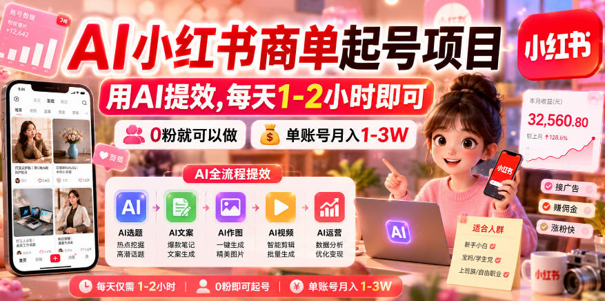 AI小红书商单起号项目,用AI提效,每天1-2小时即可,0粉就可以做,单账号月入1-3W-齐力副业