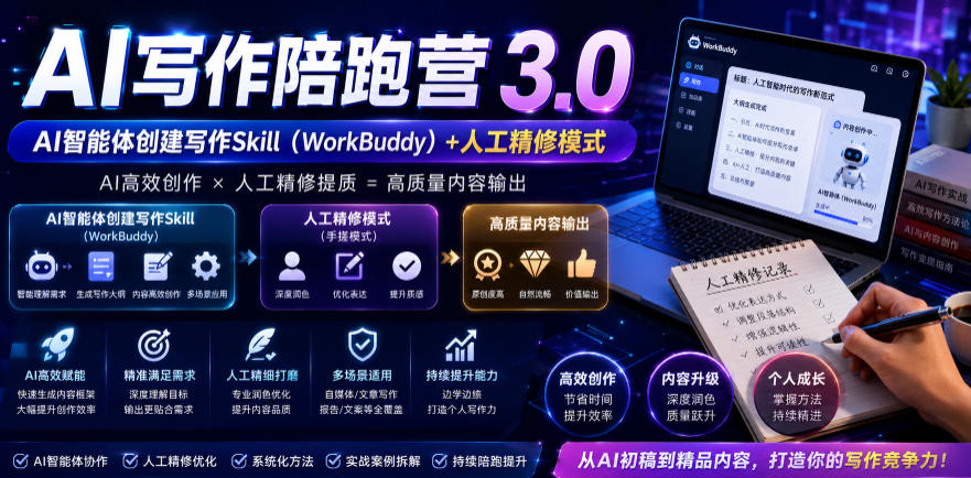 AI写作陪跑营3.0,Ai智能体创建写作skill(workbuddy)+人工手写模式(手搓模式),去除AI痕迹(头条号、公众号、百家号)-齐力副业