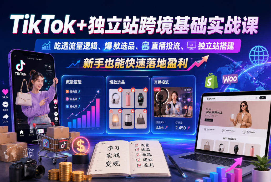 TikTok+独立站跨境基础实战课，吃透流量逻辑、爆款选品、直播投流与独立站搭建，新手也能快速落地盈利-齐力副业
