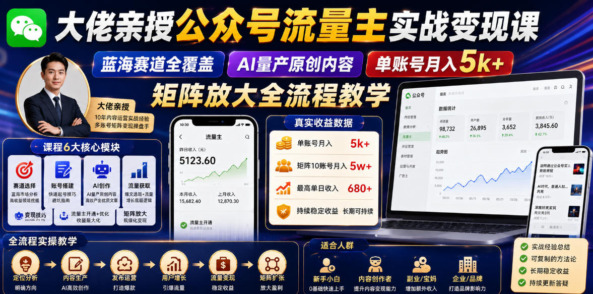 大佬亲授公众号流量主实战变现课,蓝海赛道全覆盖,AI量产原创内容,单账号月入5k+矩阵放大全流程教学-齐力副业