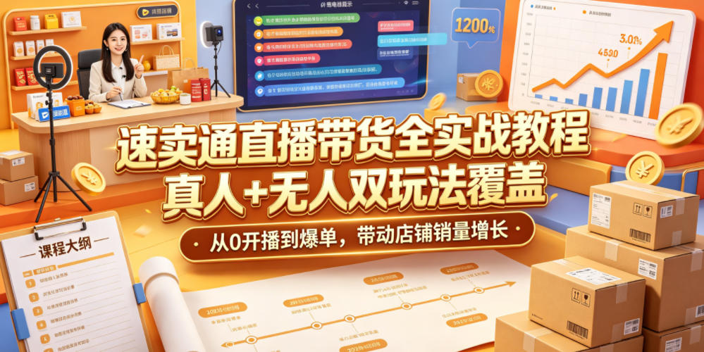 速卖通直播带货全实战教程,真人+无人双玩法覆盖,从0开播到爆单,带动店铺销量增长-齐力副业