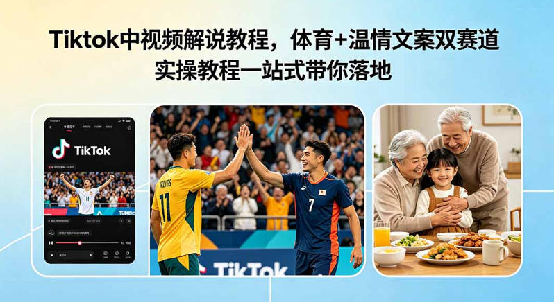 Tiktok中视频解说教程,体育+温情文案双赛道实操教程一站式带你落地,教你出海賺美刀-齐力副业