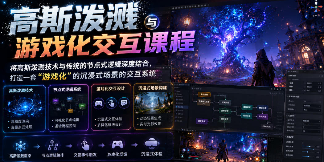 高斯泼溅与游戏化交互课程，将高斯泼溅技术与传统的节点式逻辑深度结合，打造一套“游戏化”的沉浸式场景的交互系统-齐力副业