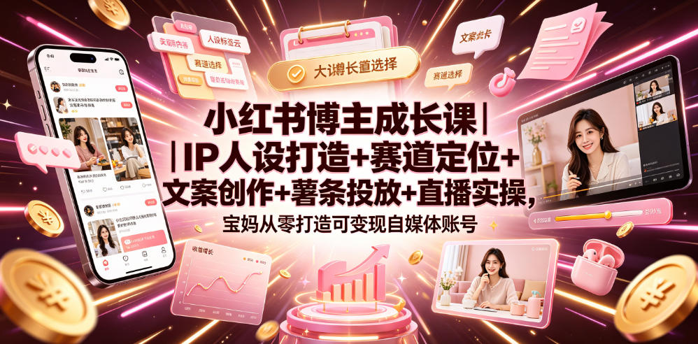 小红书博主成长课｜IP人设打造+赛道定位+文案创作+薯条投放+直播实操，宝妈从零打造可变现自媒体账号-齐力副业