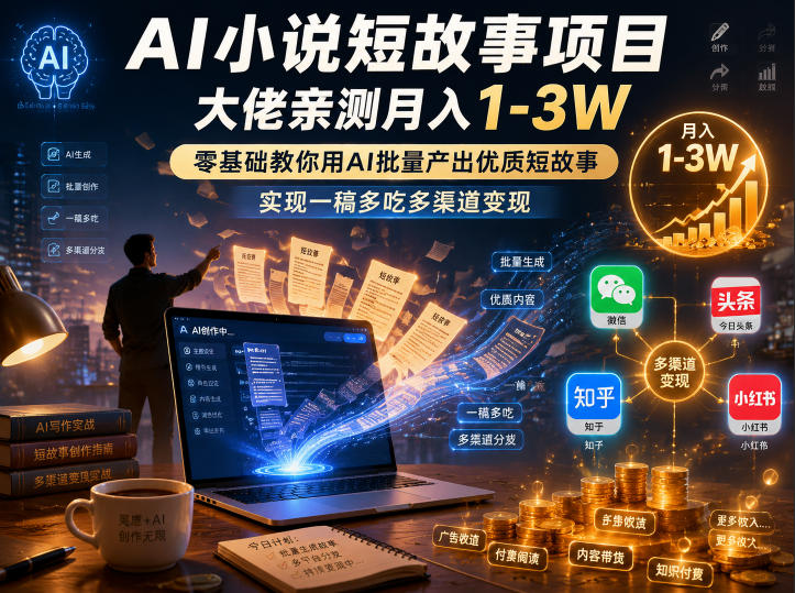AI小说短故事项目,大佬亲测月入1-3W,零基础教你用AI批量产出优质短故事,实现一稿多吃多渠道变现-齐力副业