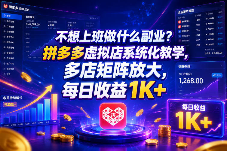 不想上班做什么副业?拼多多虚拟店系统化教学,多店矩阵放大,每日收益1K+【揭秘】-齐力副业