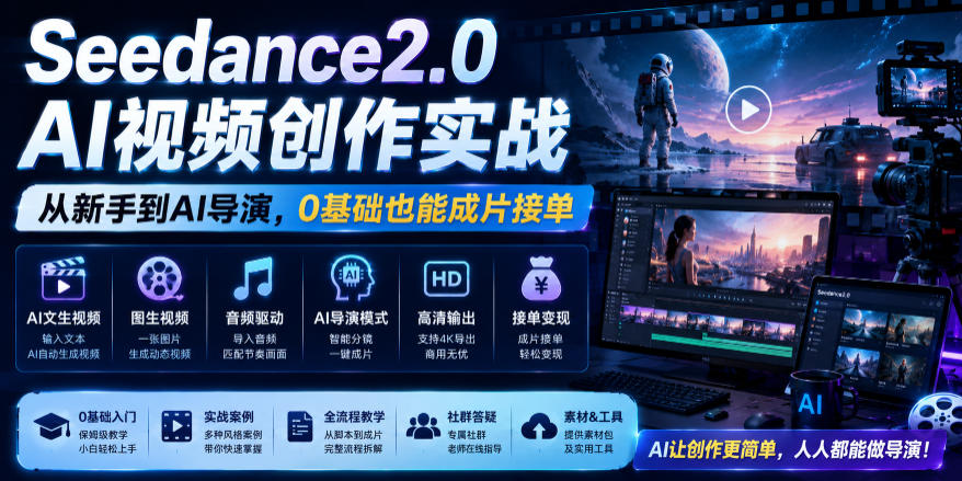 Seedance2.0 AI视频创作实战,从新手到AI导演,0基础也能成片接单变现-齐力副业