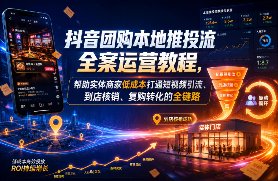 抖音团购本地推投流全案运营教程,帮助实体商家低成本打通短视频引流、到店核销、复购转化的全链路-齐力副业