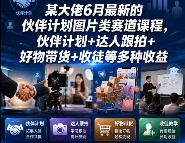 某大佬6月最新的伙伴计划图片类赛道课程，伙伴计划+达人跟拍+好物带货+收徒等多种收益-齐力副业