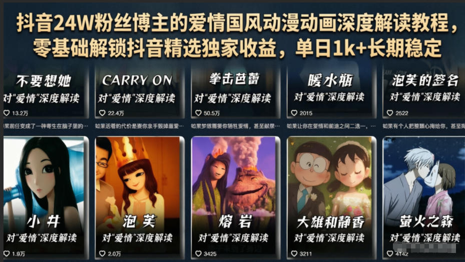 抖音24W粉丝博主的爱情国风动漫动画深度解读教程,零基础解锁抖音精选独家收益,单日1k+长期稳定-齐力副业