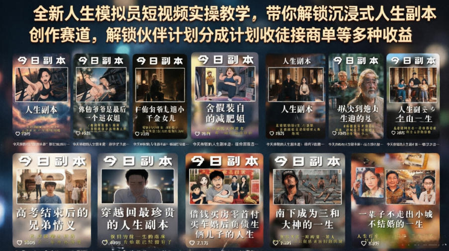 全新人生模拟员短视频实操教学，带你解锁沉浸式人生副本创作赛道，解锁伙伴计划分成计划收徒接商单等多种收益-齐力副业