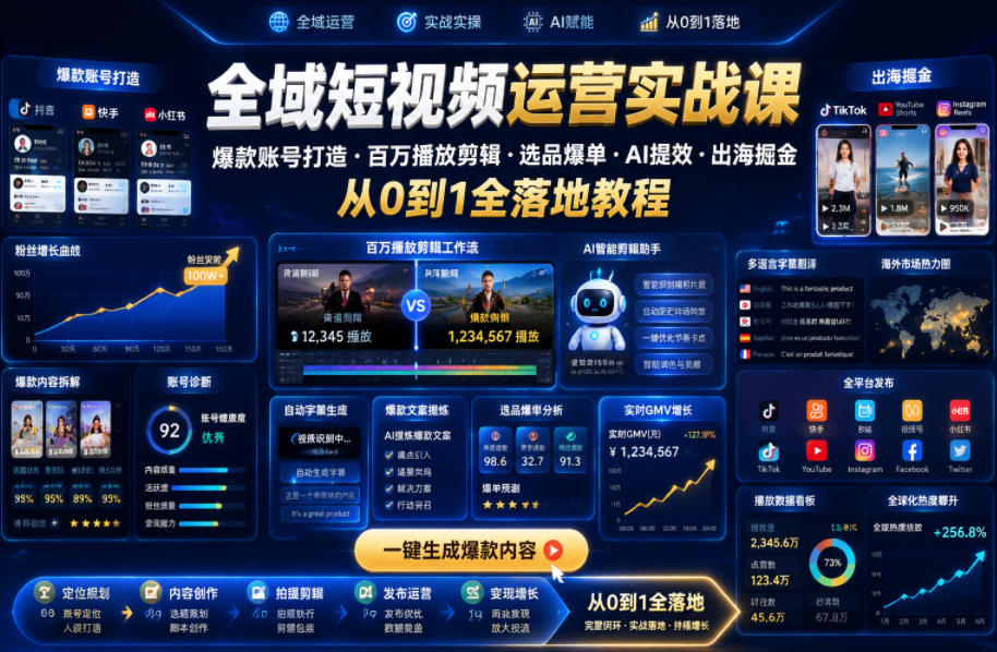 全域短视频运营实战课,爆款账号打造・百万播放剪辑・选品爆单・AI提效・出海掘金,从0到1全落地教程-齐力副业