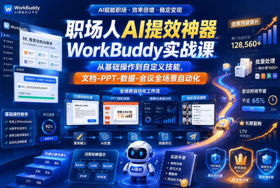 职场人AI提效神器WorkBuddy实战课,从基础操作到自定义技能,文档-PPT-数据-会议全场景自动化-齐力副业