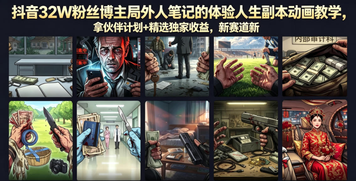 抖音32W粉丝博主局外人笔记的体验人生副本动画教学,拿伙伴计划+精选独家收益,新赛道新涨粉快【录制版】-齐力副业