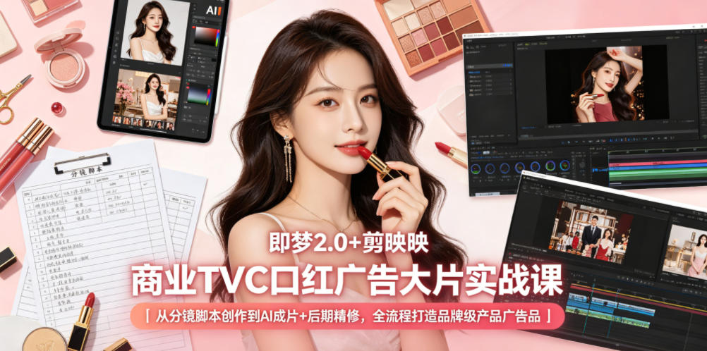 即梦2.0+剪映商业TVC口红广告大片实战课｜从分镜脚本创作到AI成片+后期精修，全流程打造品牌级产品广告-齐力副业