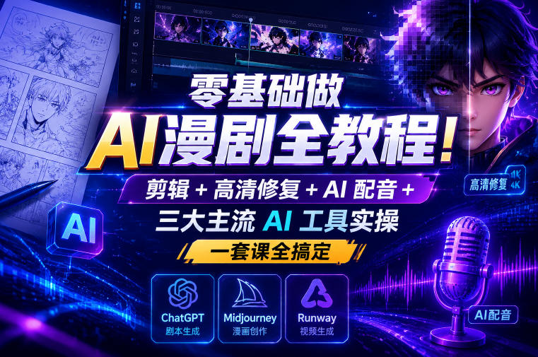 零基础做AI漫剧全教程!剪辑+高清修复+AI配音+三大主流AI工具实操,一套课全搞定-齐力副业