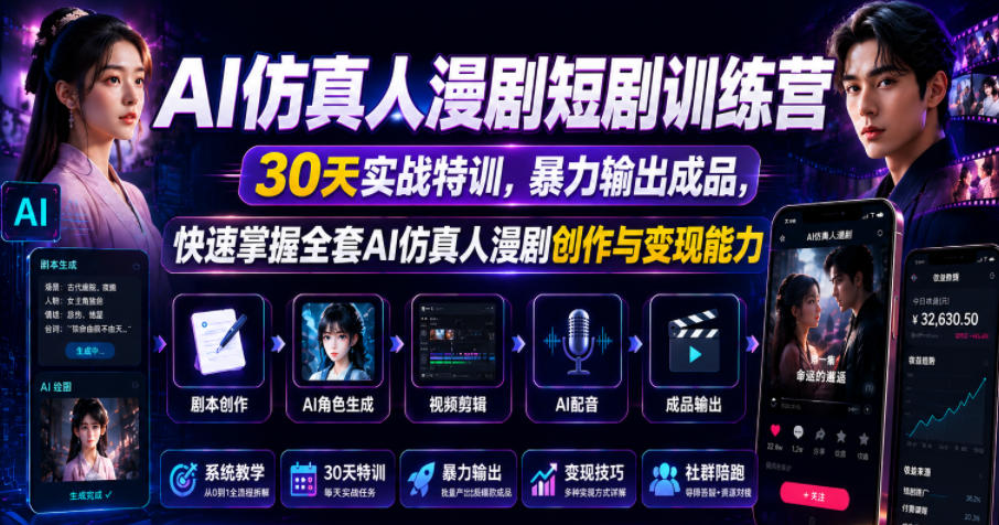 AI仿真人漫剧短剧训练营,30天实战特训,暴力输出成品,快速掌握全套AI仿真人漫剧创作与变现能力-齐力副业