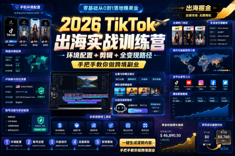 2026 TikTok出海实战训练营,环境配置 + 剪辑 + 全变现路径,手把手教你做跨境副业-齐力副业