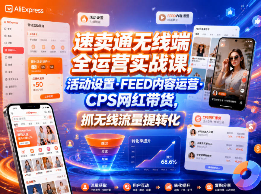 速卖通无线端全运营实战课,活动设置・FEED内容运营・CPS网红带货,抓无线流量提转化-齐力副业