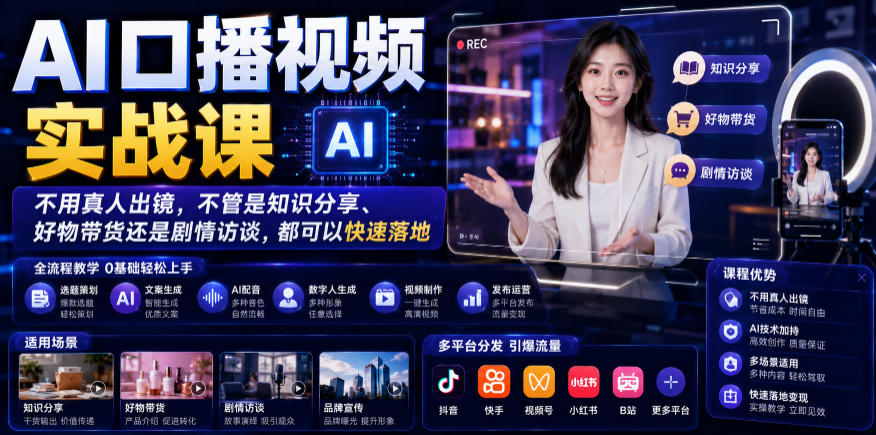 AI口播视频实战课，不用真人出镜，不管是知识分享、好物带货还是剧情访谈，都可以快速落地-齐力副业