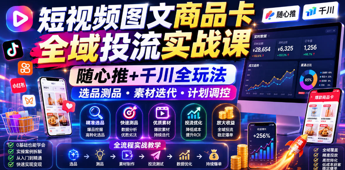 短视频图文商品卡全域投流实战课,随心推+千川全玩法,选品测品・素材迭代・计划调控,提升ROI爆单增收教程-齐力副业