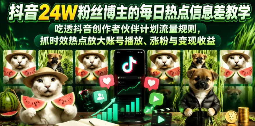 抖音24W粉丝博主的每日热点信息差教学,吃透创作者伙伴计划流量规则,抓时效热点放大账号播放、涨粉与变现收益-齐力副业