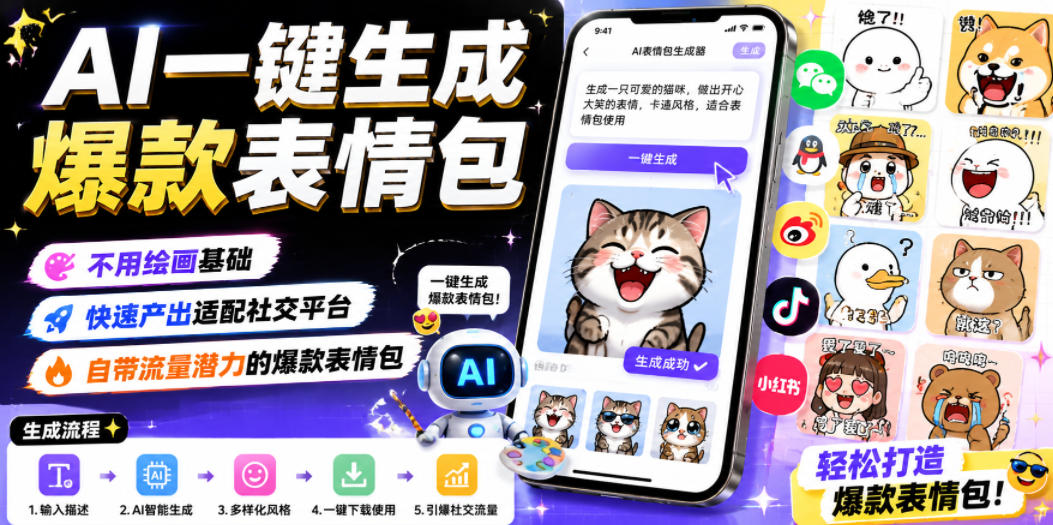 AI一键生成爆款表情包,不用绘画基础,快速产出适配社交平台,自带流量潜力的爆款表情包插图 AI一键生成爆款表情包,不用绘画基础,快速产出适配社交平台,自带流量潜力的爆款表情包插图