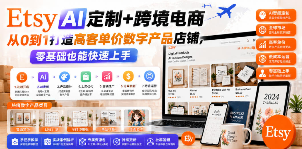 Etsy AI定制+跨境电商，从0到1打造高客单价数字产品店铺，零基础也能快速上手-齐力副业